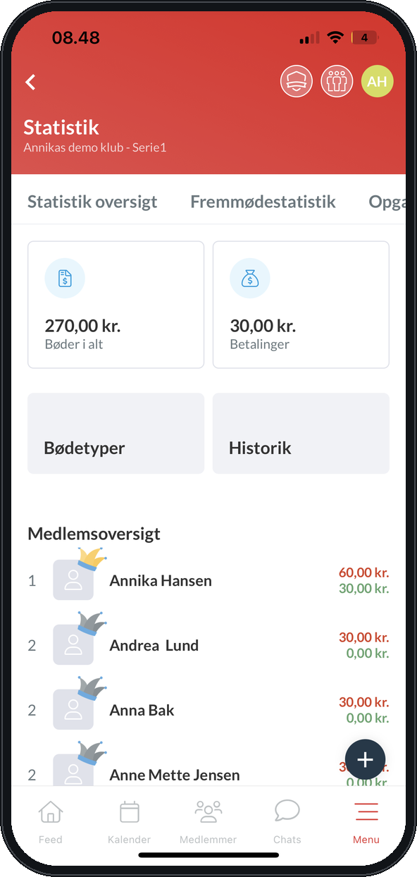 Bødekassen i Holdsport-appen med bøder i alt, betalinger, bødetyper og medlemsoversigt